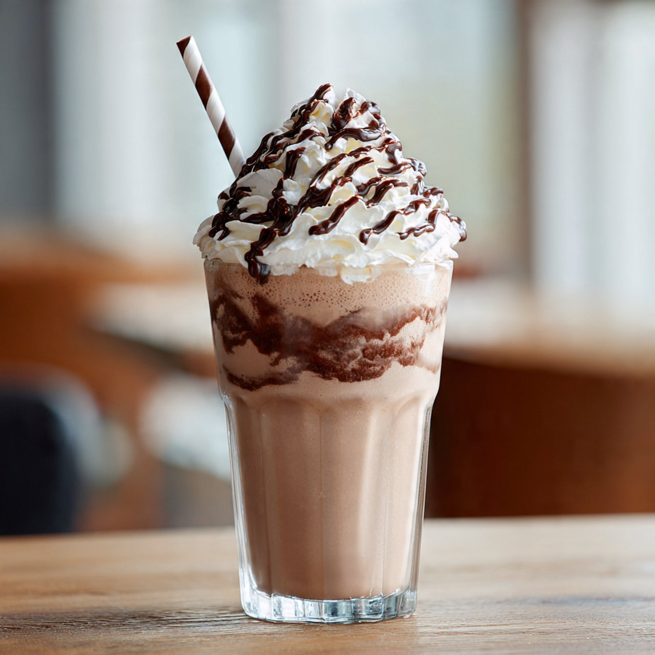 A creamy keto frappuccino in a clear glass, topped with whipped cream, low carb chocolate drizzle, served with a straw, placed on a wooden table, soft natural lighting, coffee shop aesthetic, high resolution, realistic food photography, no text, no branding
